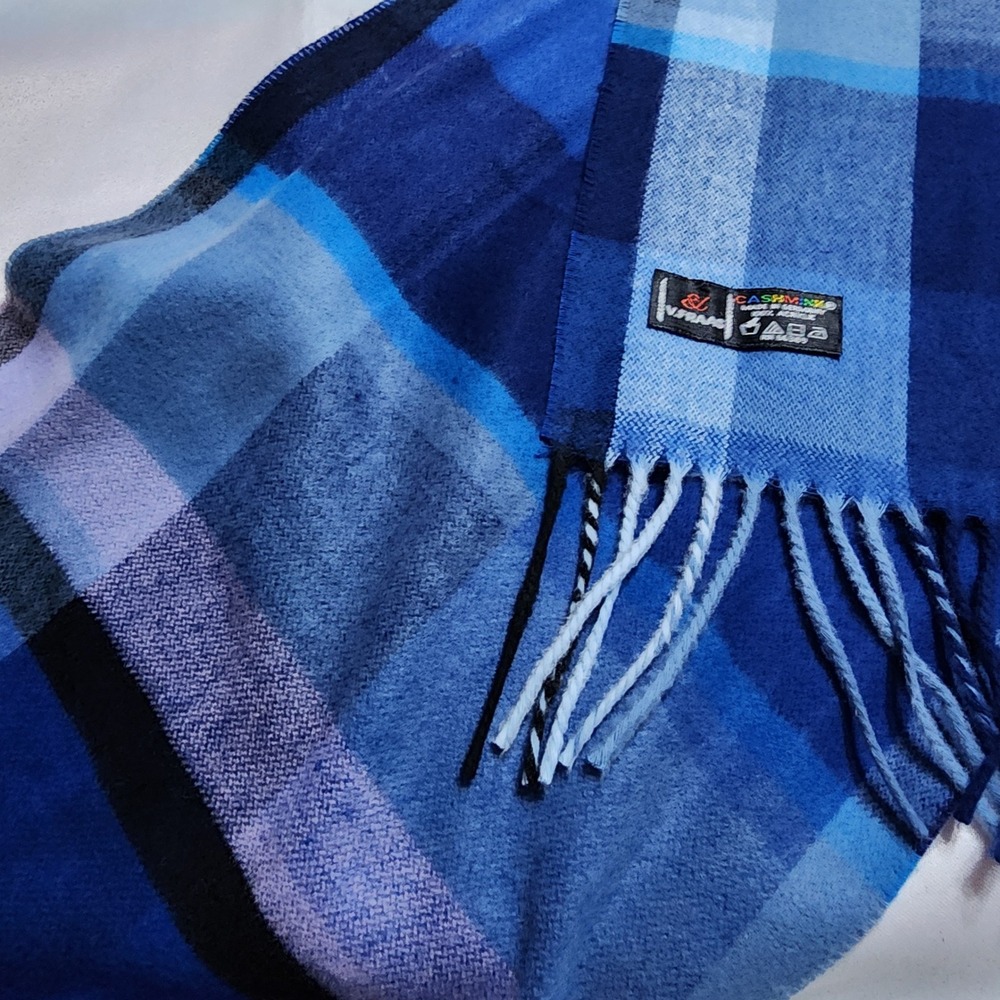V. Fraas Cashmink Scarf Blue Plaid Made in Germany Acrylic Fringe Soft Winter